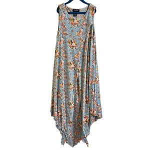 Papillon Blanc Lagenlook Layered Floral Blue Dress Sleeveless Coastal Size Small